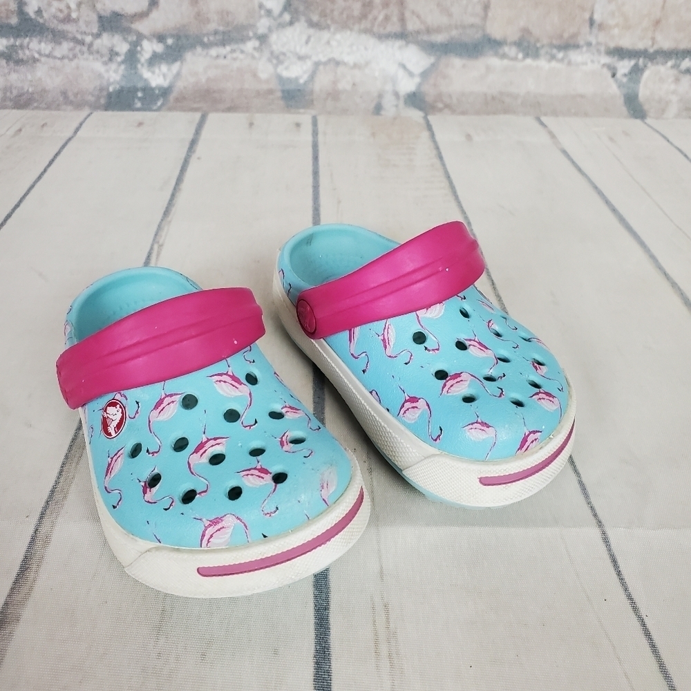 CROCS Crocband Clog Pale Turquoise Pink Flamingo Pattern Size Baby 4-5